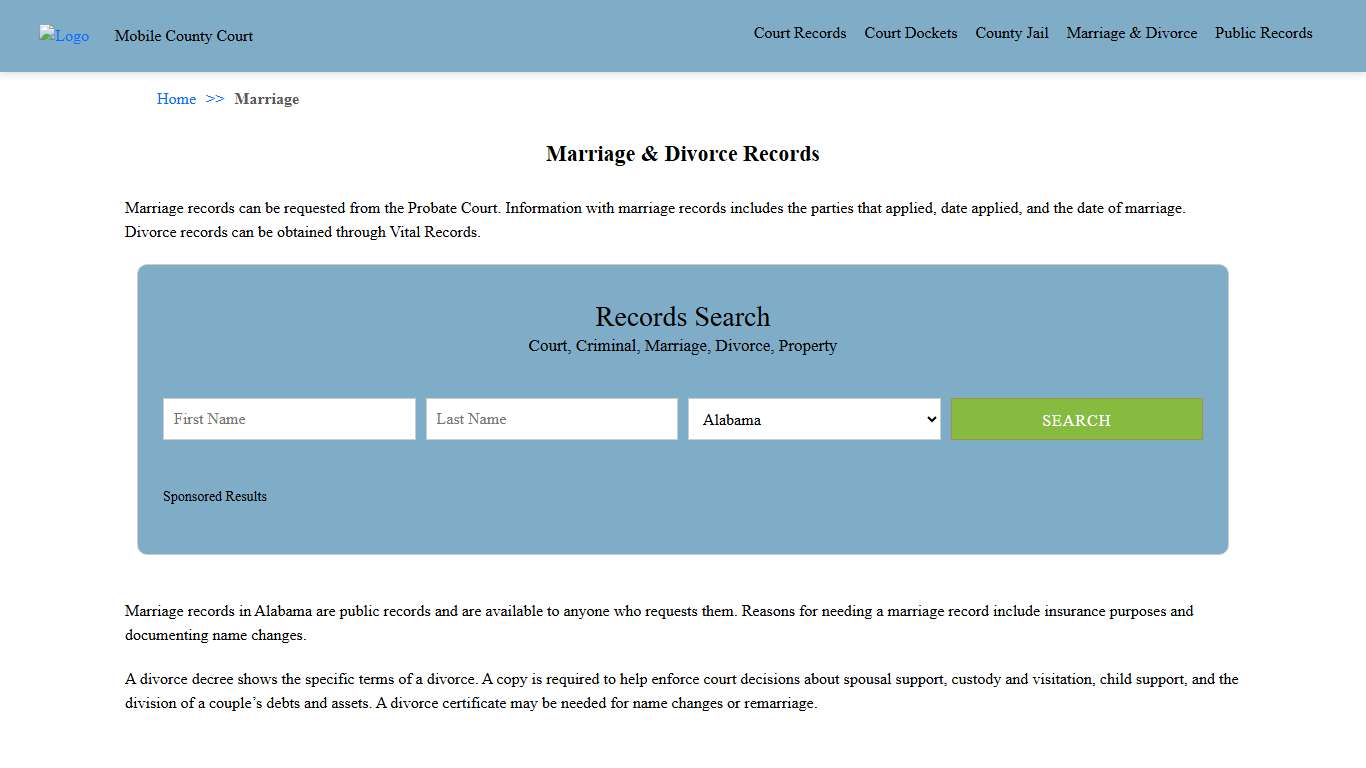 Marriage & Divorce Records Mobile County Court